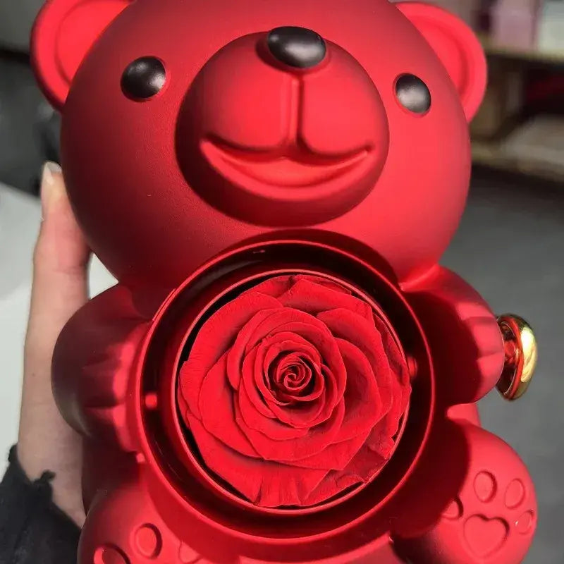 Urso com Rosa Giratória + Colar Duplo Personalizado
