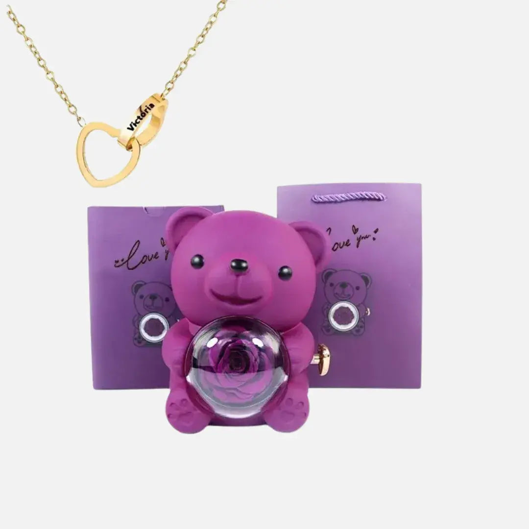 Urso com Rosa Giratória + Colar Duplo Personalizado