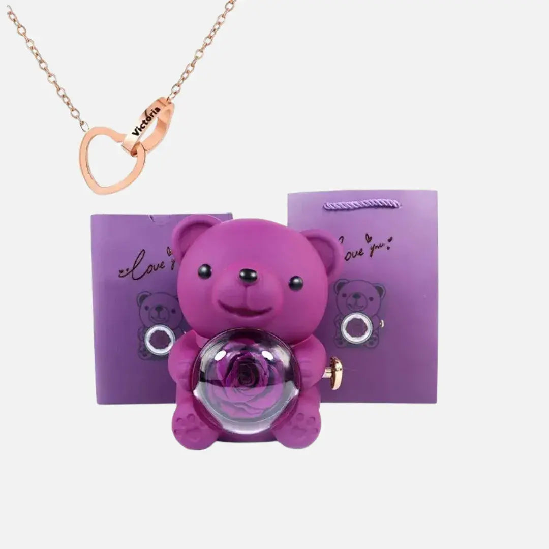 Urso com Rosa Giratória + Colar Duplo Personalizado