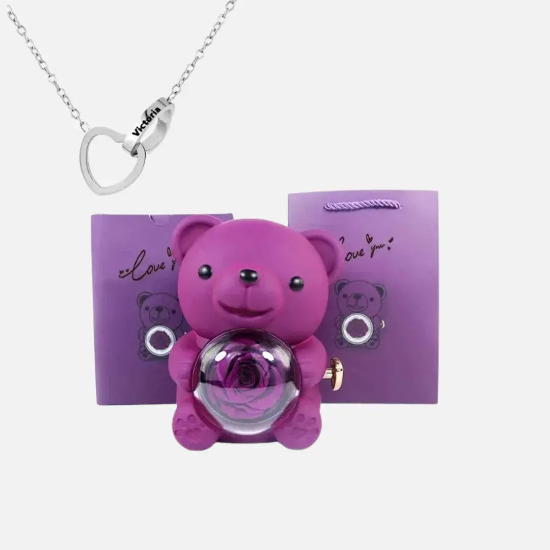 Urso com Rosa Giratória + Colar Duplo Personalizado