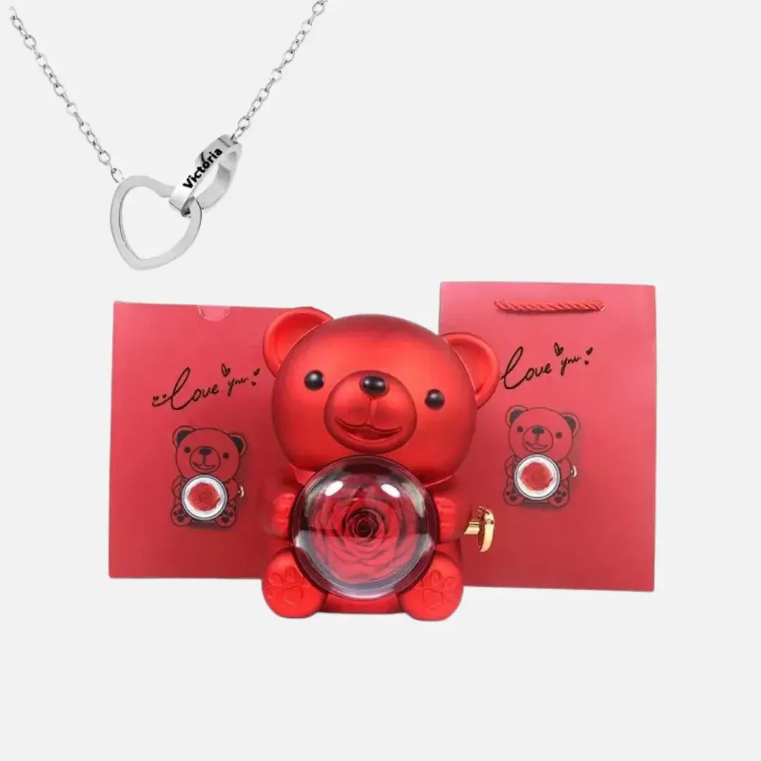 Urso com Rosa Giratória + Colar Duplo Personalizado