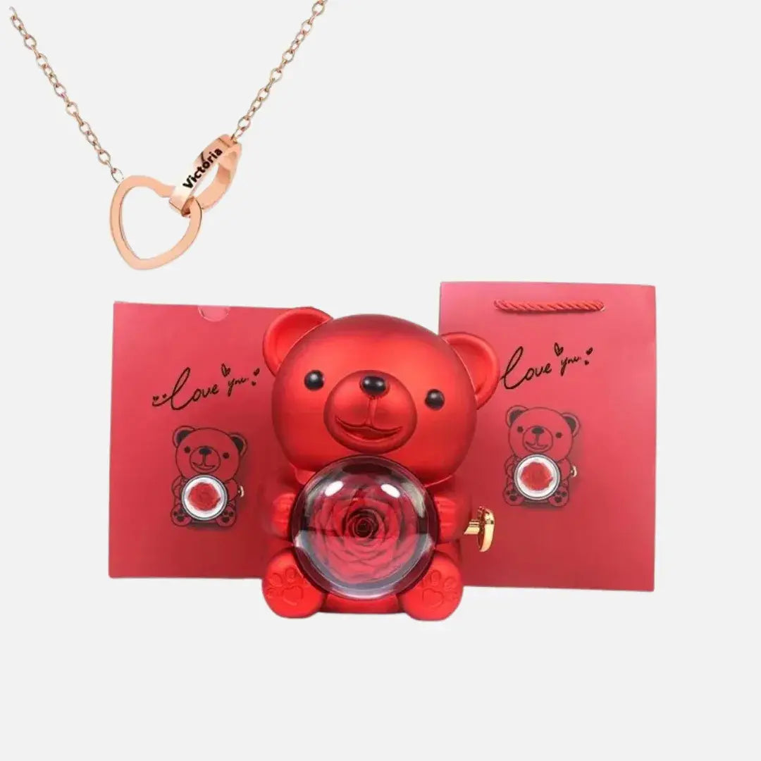 Urso com Rosa Giratória + Colar Duplo Personalizado