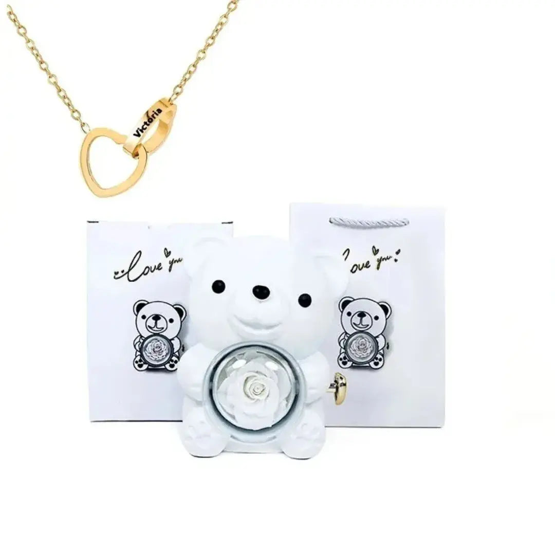 Urso com Rosa Giratória + Colar Duplo Personalizado