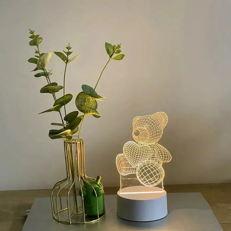 Luminária Decorativa de Urso 3D com Base de Luz LED