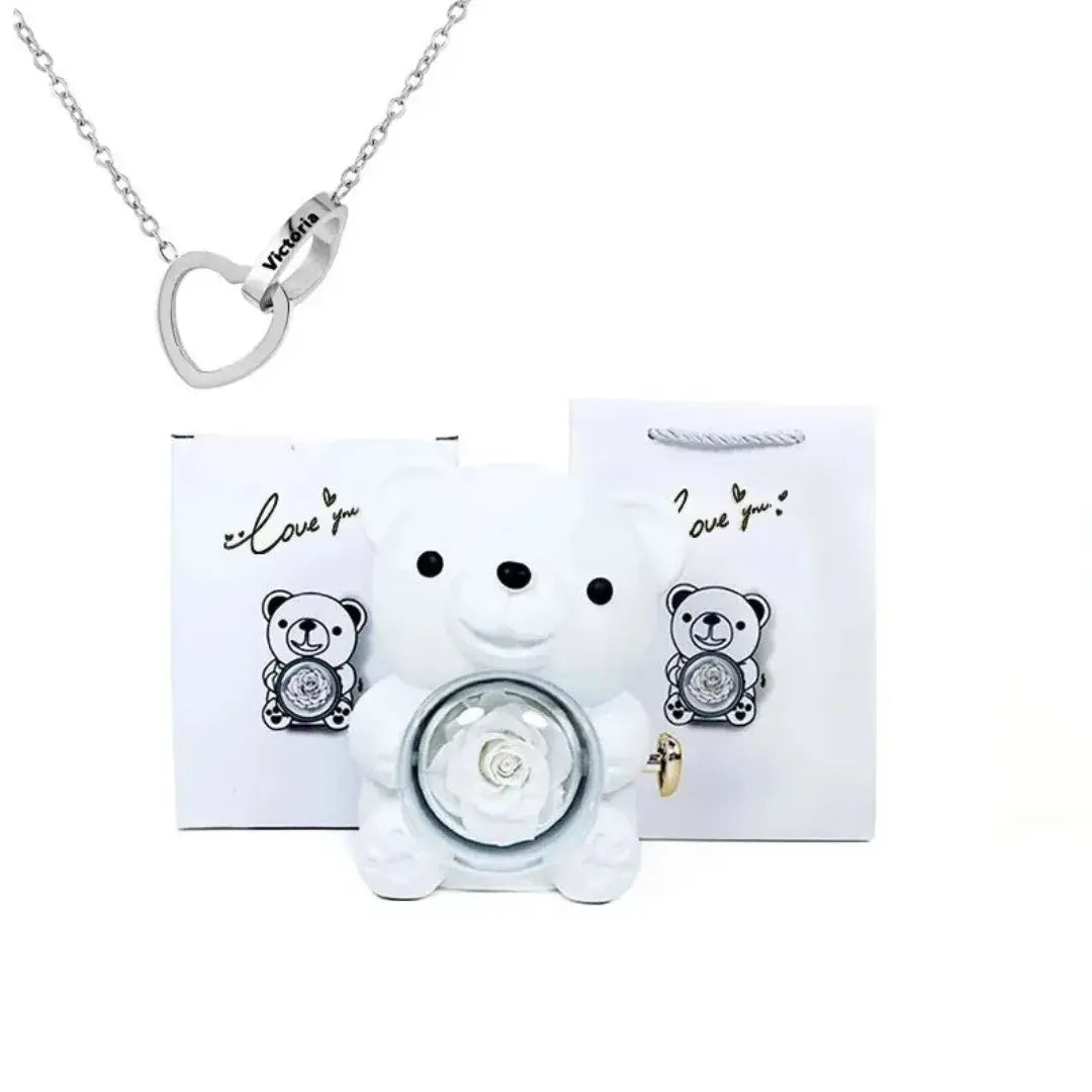Urso com Rosa Giratória + Colar Duplo Personalizado