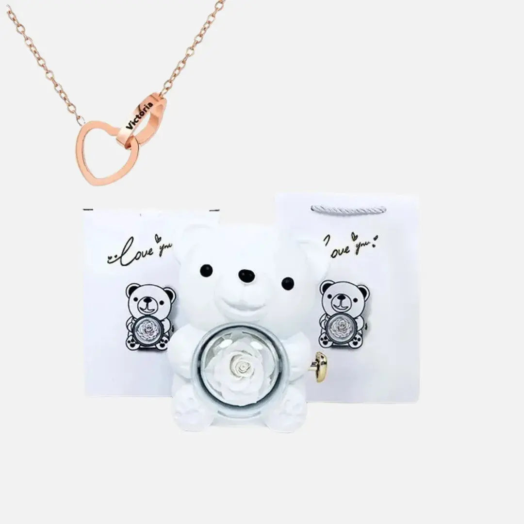 Urso com Rosa Giratória + Colar Duplo Personalizado