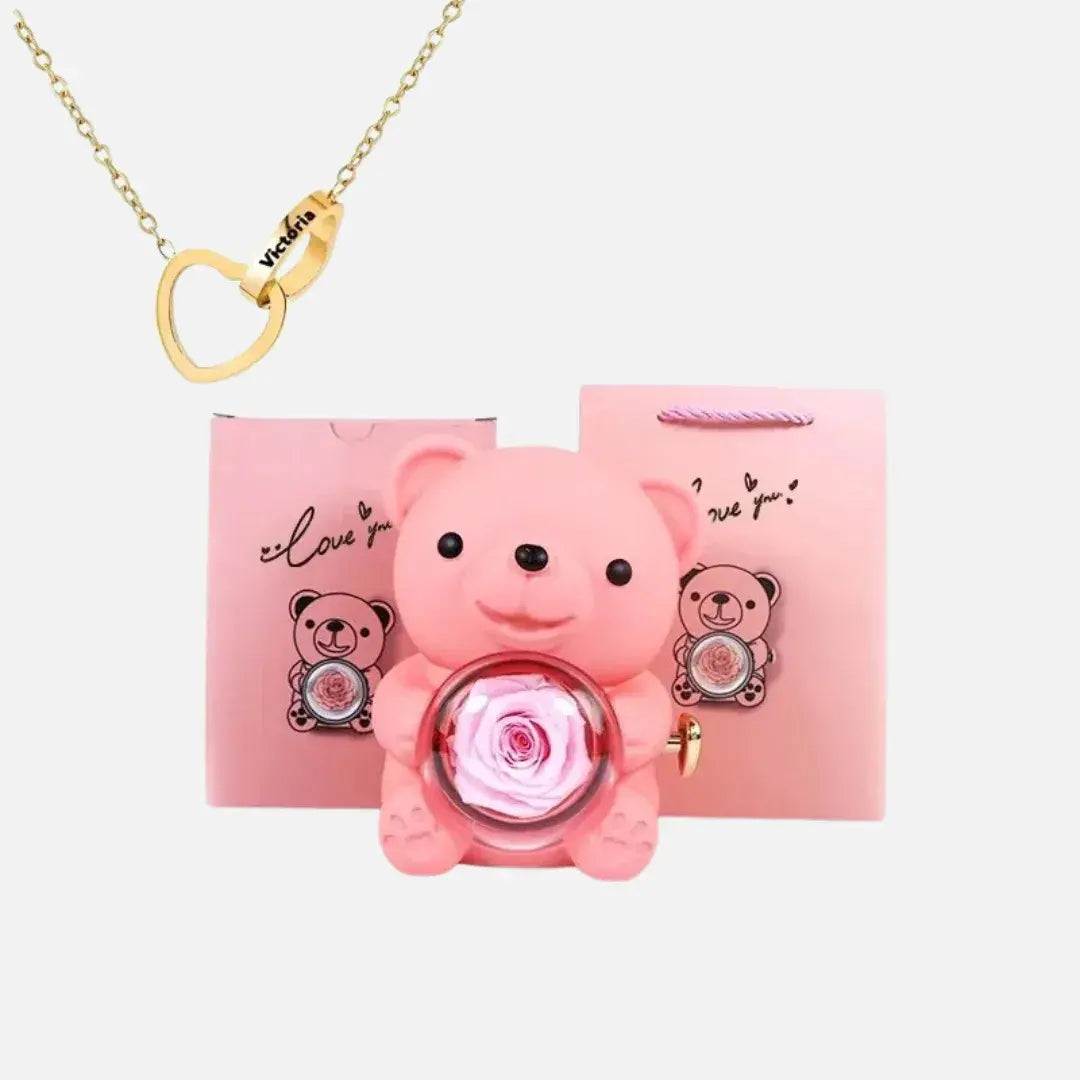 Urso com Rosa Giratória + Colar Duplo Personalizado