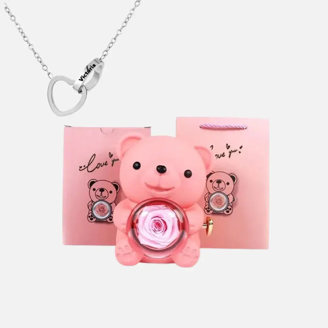 Urso com Rosa Giratória + Colar Duplo Personalizado