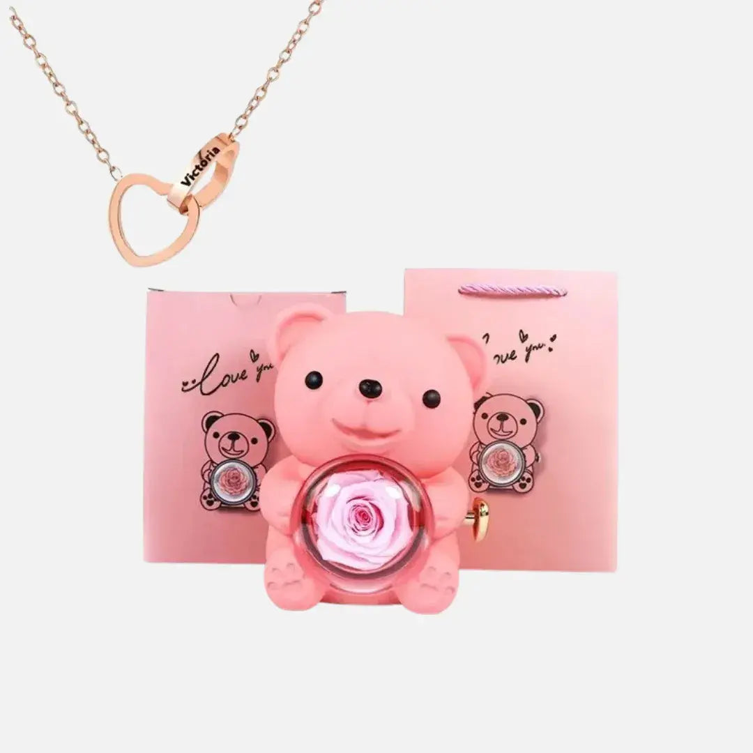 Urso com Rosa Giratória + Colar Duplo Personalizado