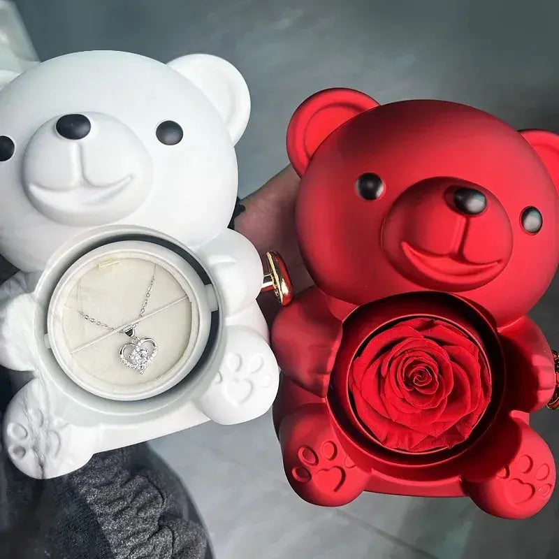 Urso com Rosa Giratória + Colar Duplo Personalizado