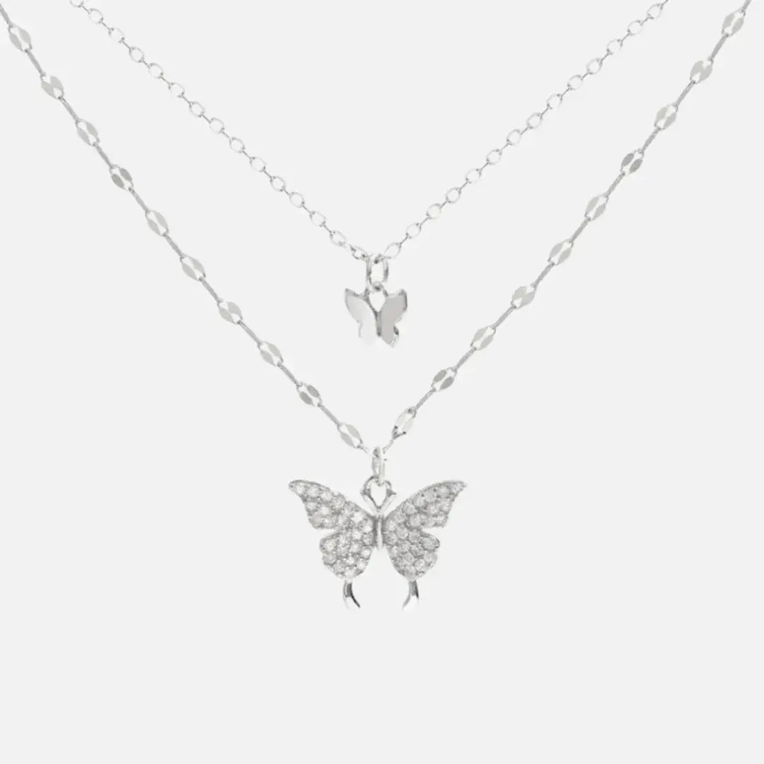 Colar duplo estilo clavícula com pingente de borboleta em prata e zircônias brilhantes – Romantizze