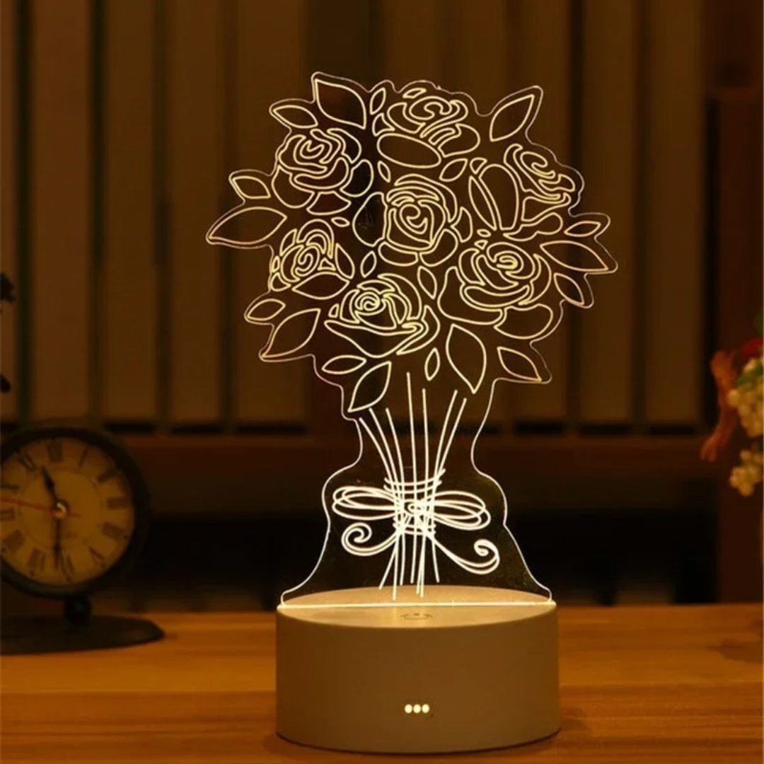 Luminária 3D com desenho de buquê de flores – presente delicado e elegante da Romantizze