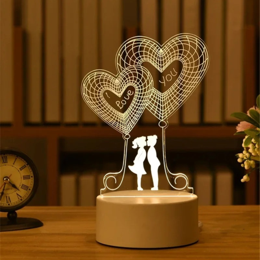 Luminária decorativa com casal segurando balões em forma de coração – luz 3D para presente romântico