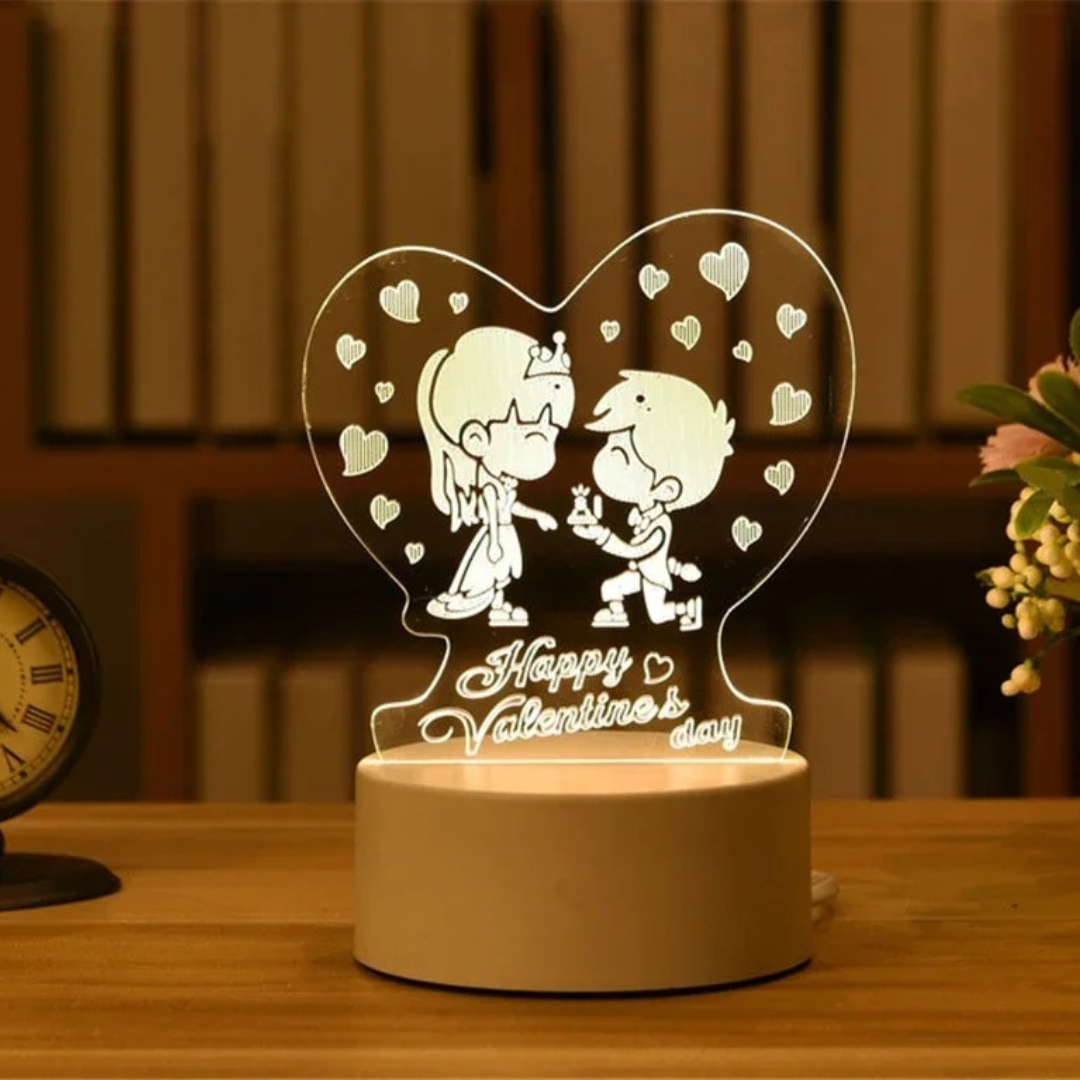 Luminária 3D com casal apaixonado e corações – iluminação decorativa e afetiva