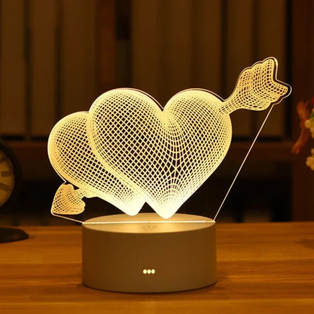 Luminária 3D com dois corações e flecha – item decorativo para casais