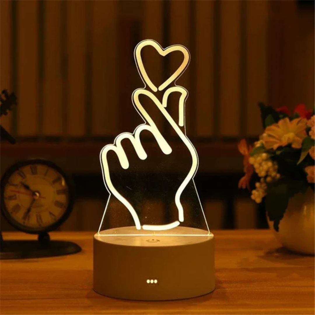 Luminária 3D com gesto de mão coreana e coração flutuante – estilo moderno da Romantizze