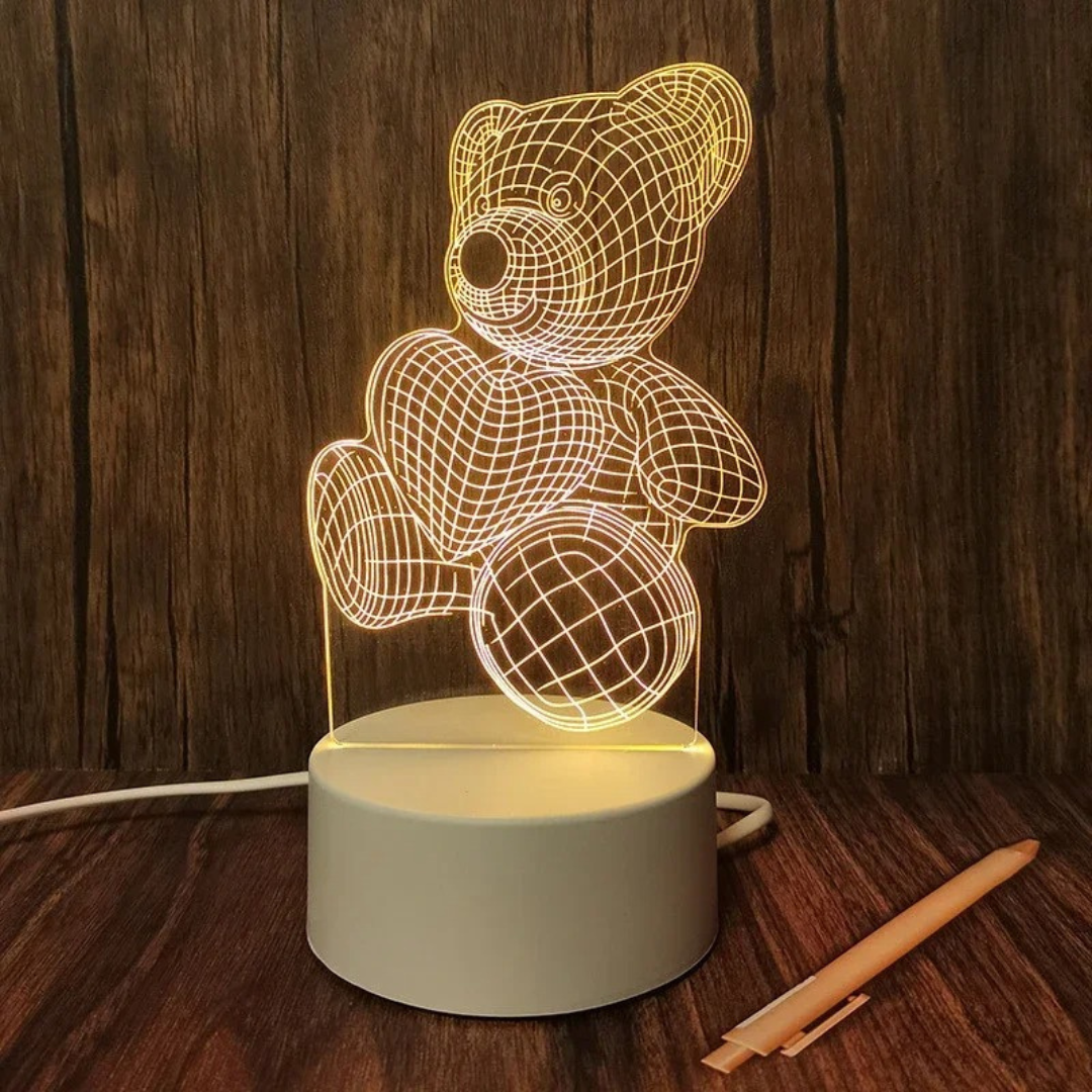Luminária 3D com urso segurando coração iluminado – design romântico com base de madeira