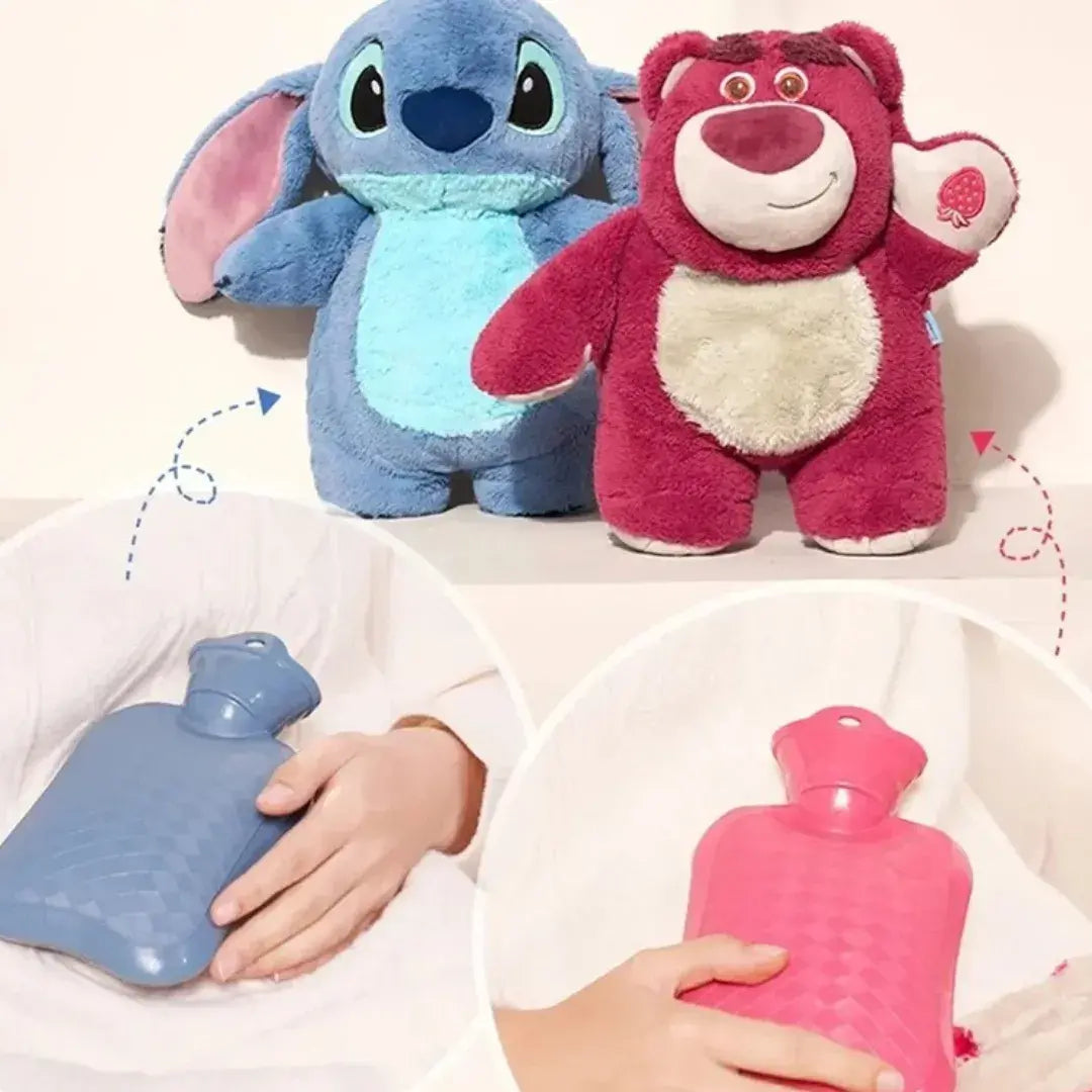 Modelos Stitch e Angel lado a lado com bolsa de água quente visível – Romantizze