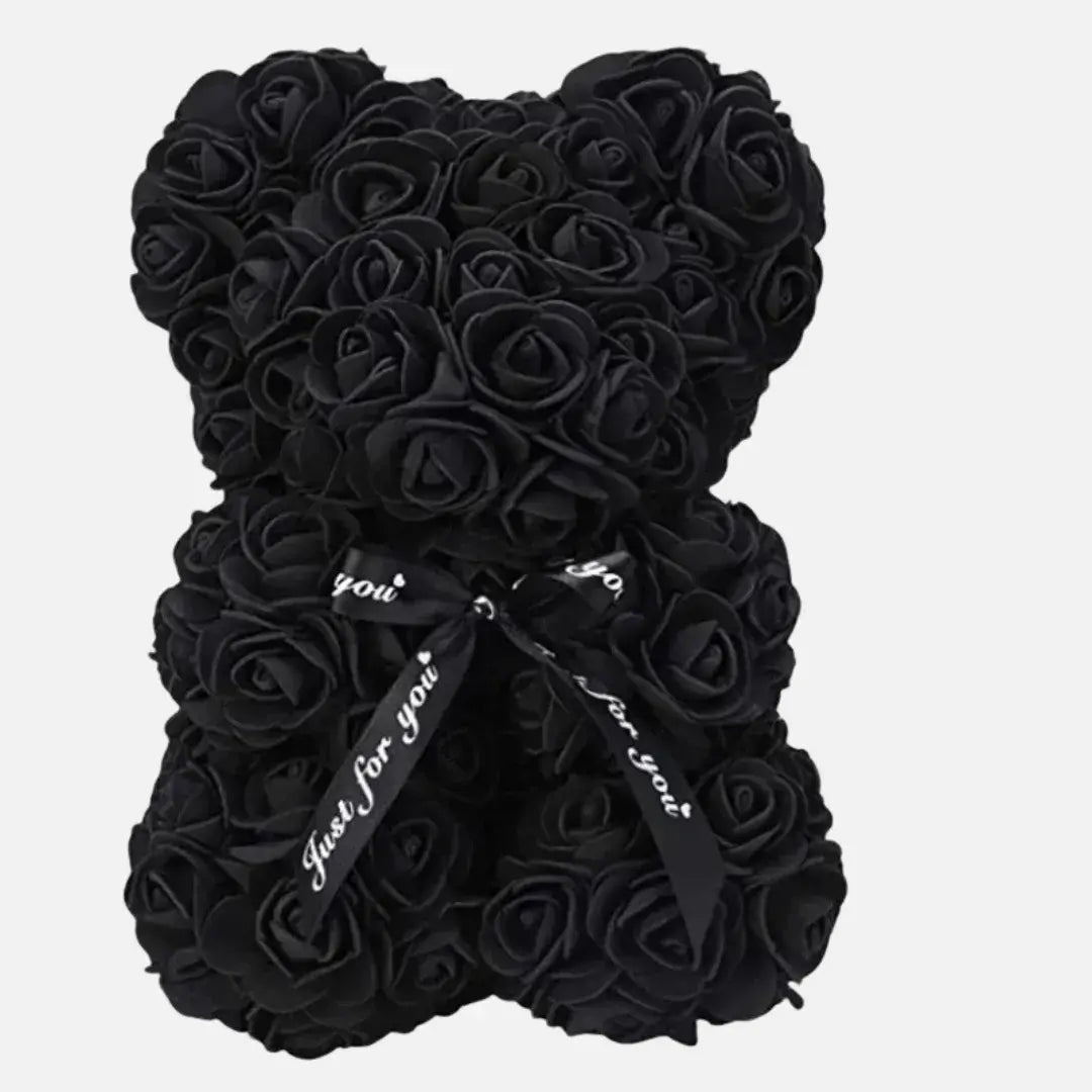 Urso de rosas pretas artificiais com laço – item elegante e exclusivo da Romantizze