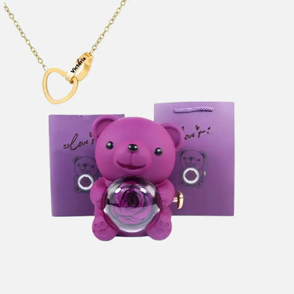 Urso com Rosa Giratória + Colar Duplo Personalizado