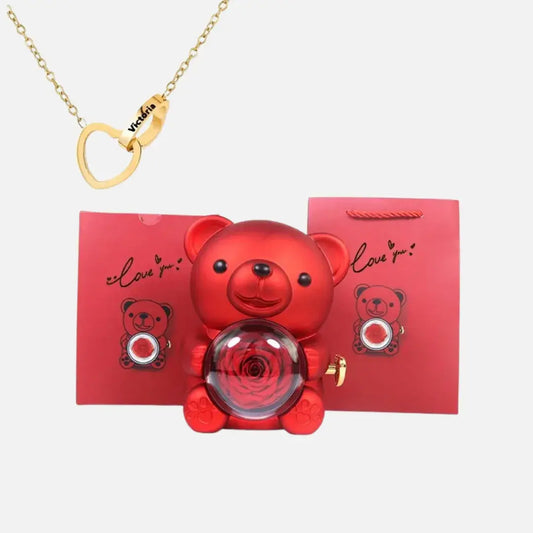 Urso com Rosa Giratória + Colar Duplo Personalizado