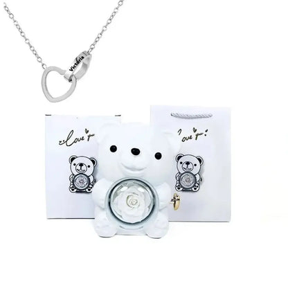 Urso com Rosa Giratória + Colar Duplo Personalizado
