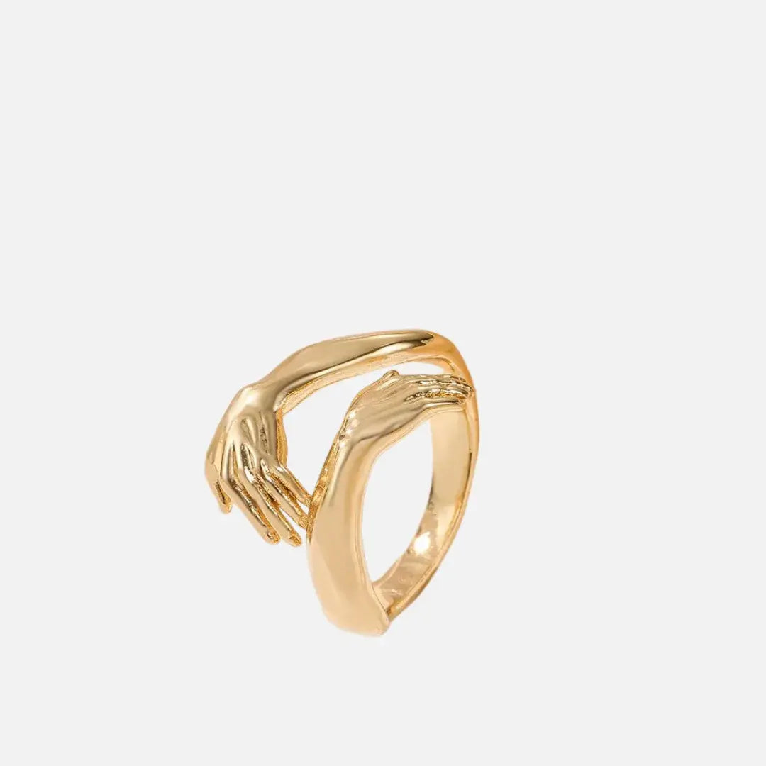 Anel dourado feminino com mãos entrelaçadas, joia simbólica ajustável – Romantizze