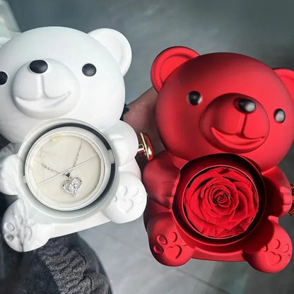 Urso com Rosa Giratória + Colar Duplo Personalizado