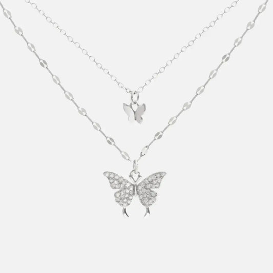 Colar duplo estilo clavícula com pingente de borboleta em prata e zircônias brilhantes – Romantizze