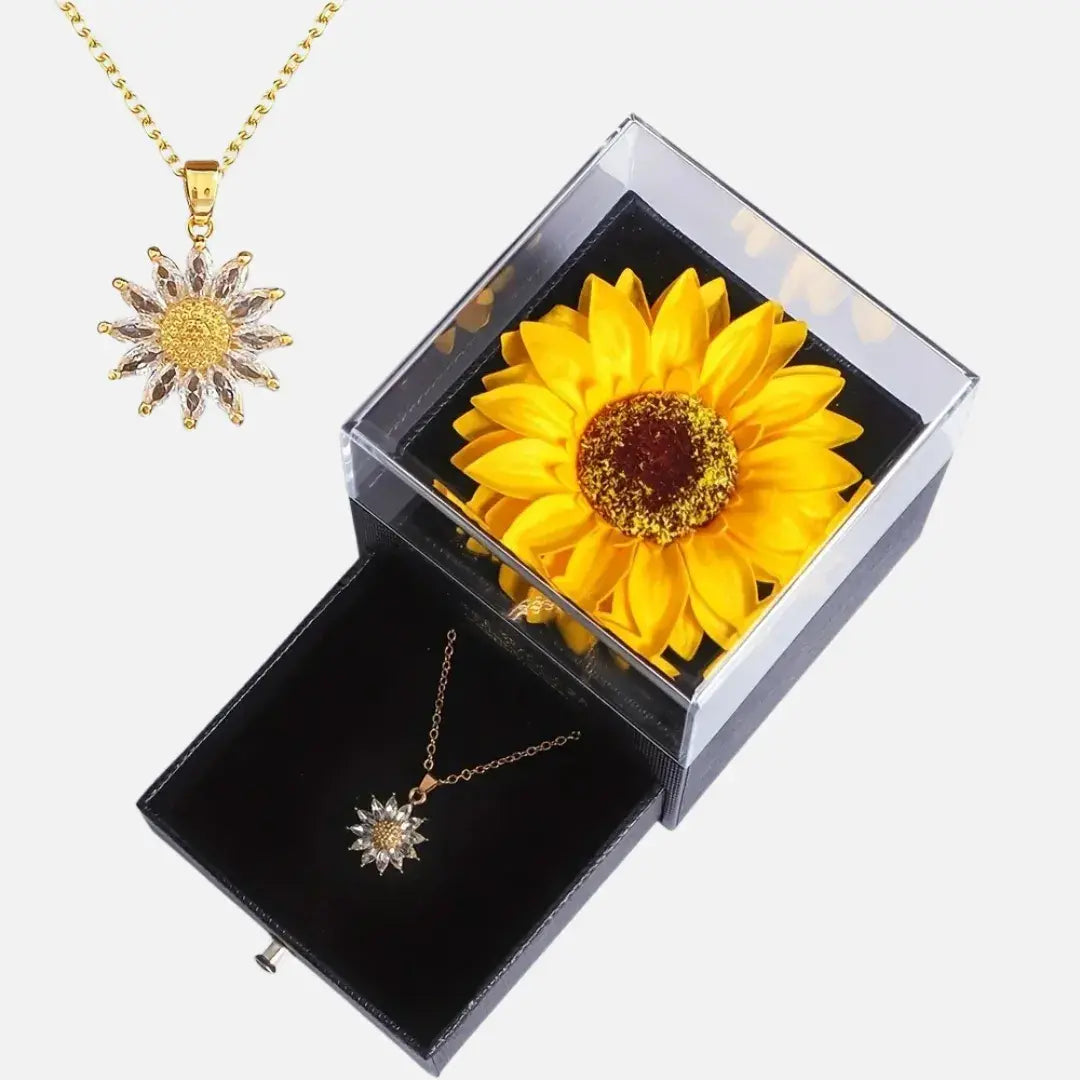 Colar com pingente de girassol acompanhado de flor decorativa em caixa de presente – Romantizze
