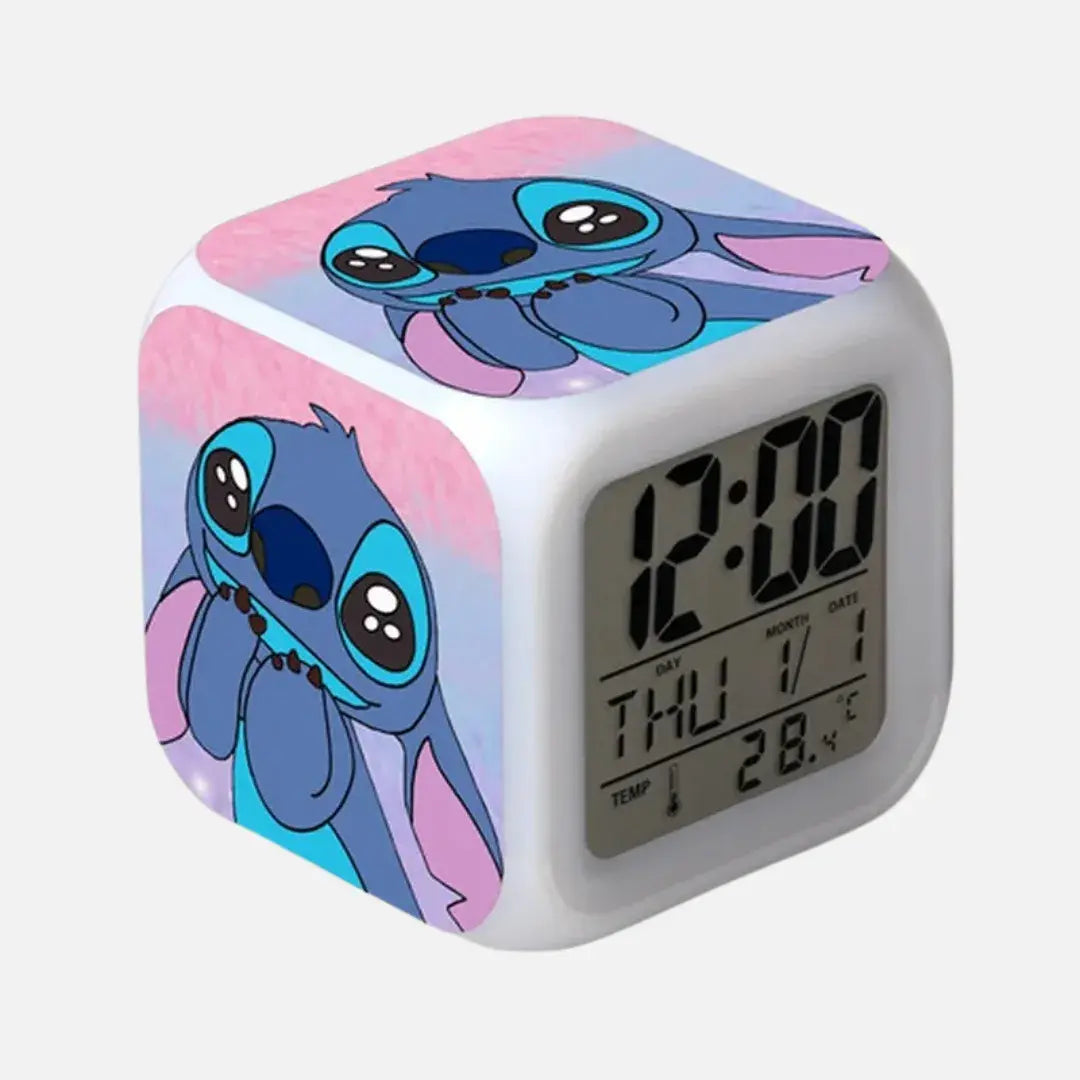 Despertador rosa infantil com LED e tema Stitch, ideal para decoração de quarto – Romantizze