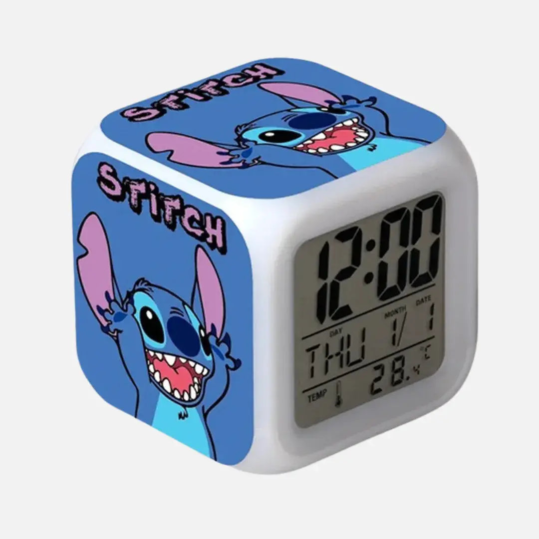 Vista lateral do despertador com imagens do Stitch e corpo azul – Romantizze