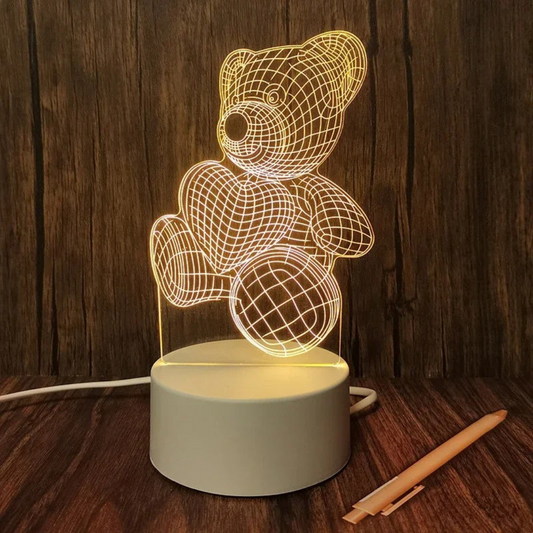 Luminária 3D com urso segurando coração iluminado – design romântico com base de madeira