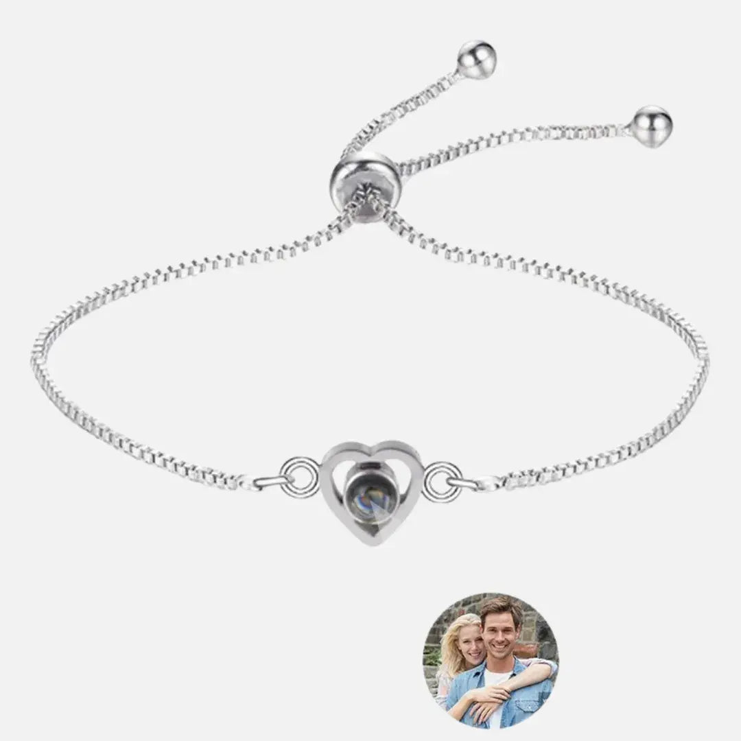 Pulseira ajustável com corrente tipo corda e pingente de coração prateado com projeção de foto – Romantizze
