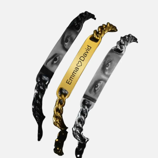 Trio de pulseiras com gravação a laser de olhos e nome “Emma ♥ David” – aço inoxidável da Romantizze