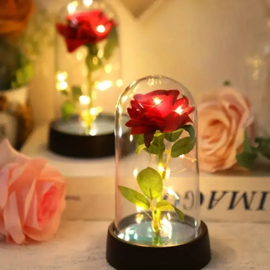 Rosa vermelha com luzes LED sob cúpula transparente, presente romântico decorativo