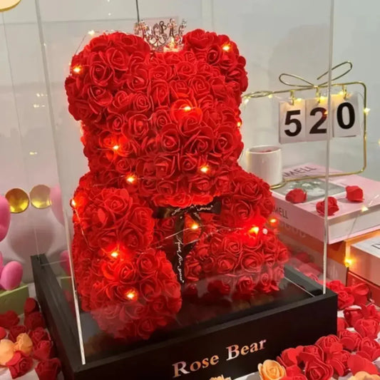 Urso de rosas vermelhas com luzes LED em caixa de presente – item decorativo e romântico da Romantizze